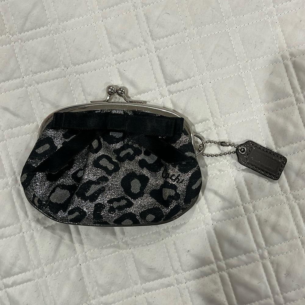 Coach Leopard Coin purse with black bow and purple satin inside